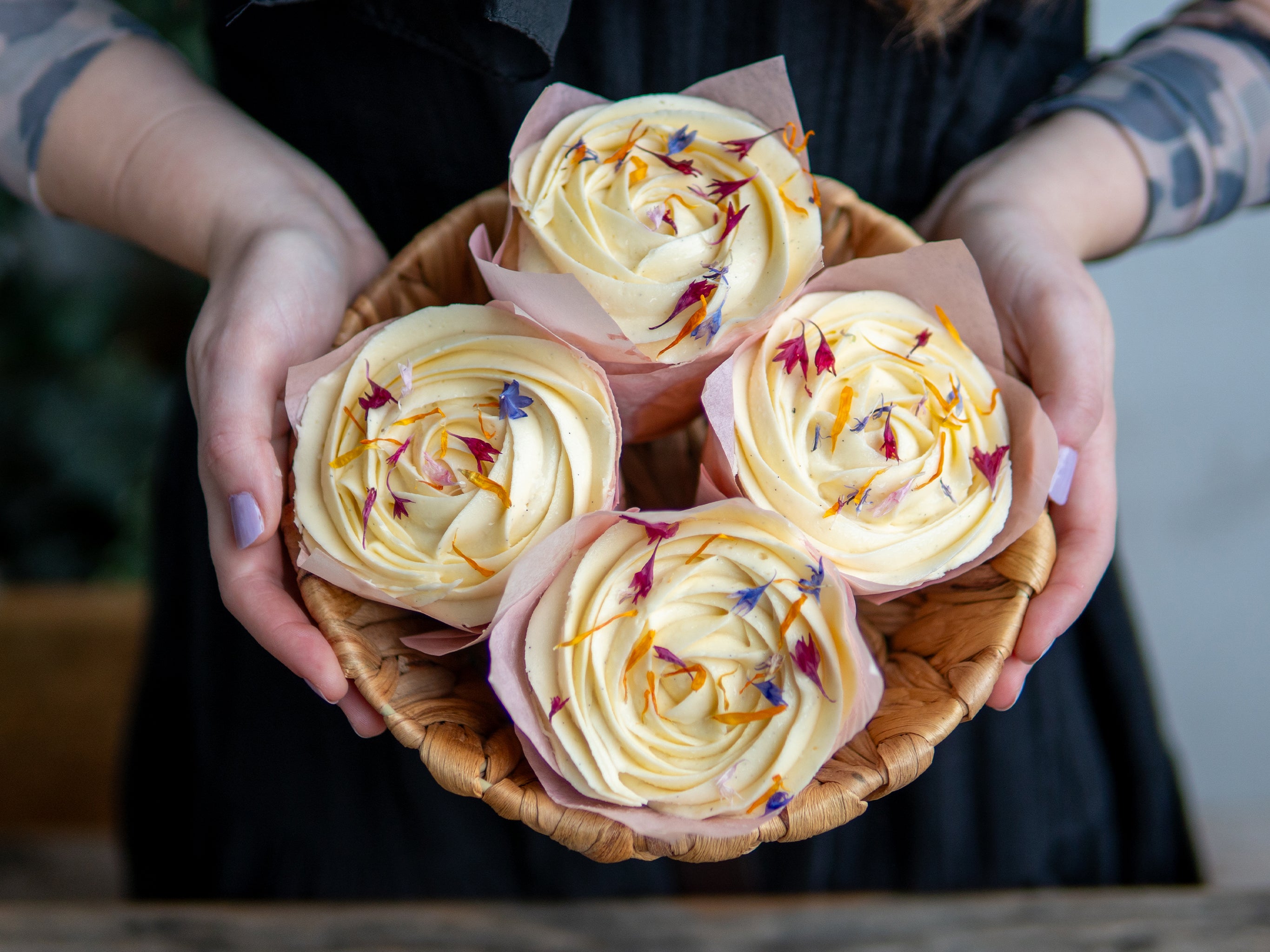 A basket of our afternoon tea muffins - the perfect floral alternative for mothers day