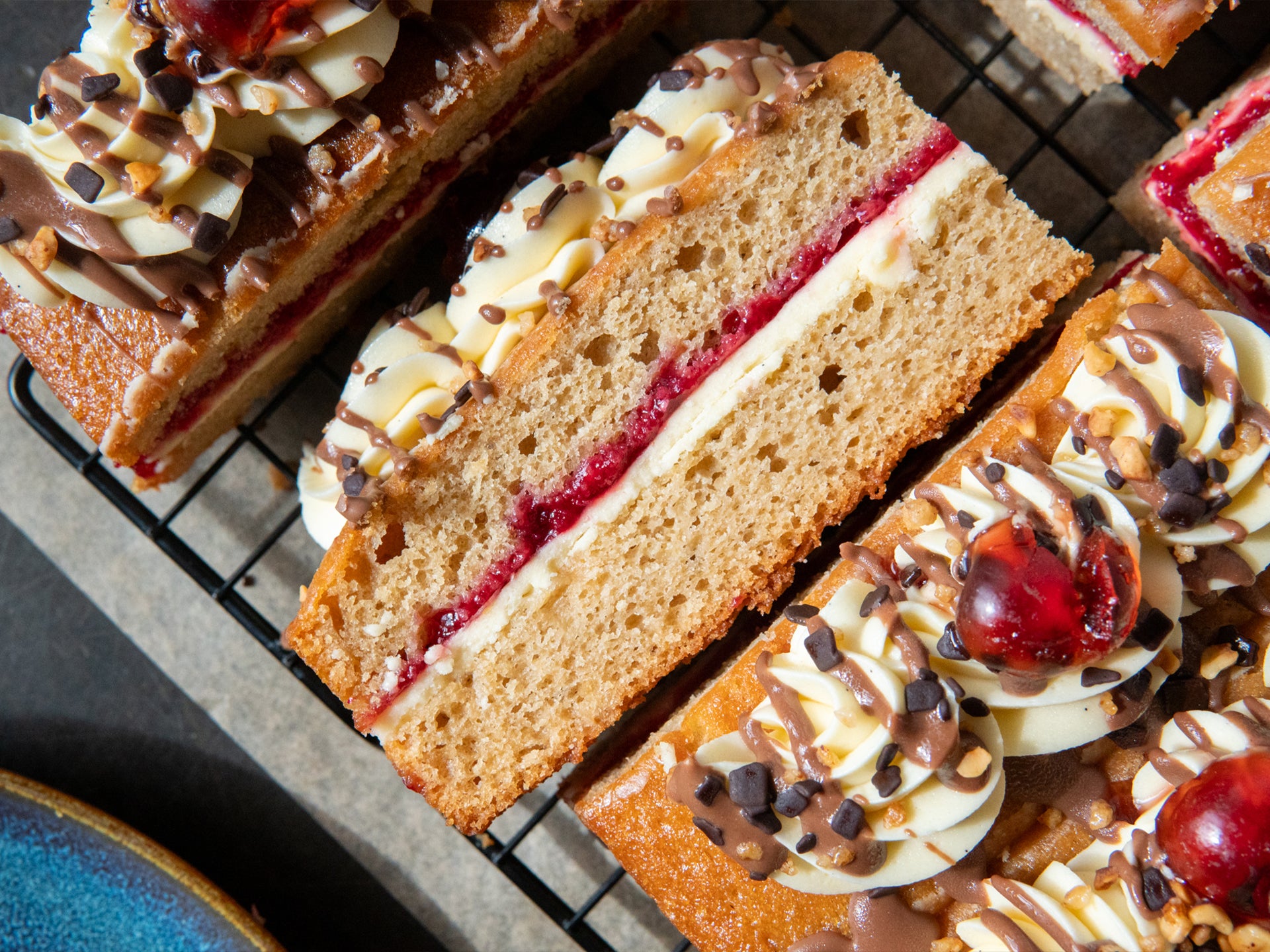 A close up of our banana split traycake