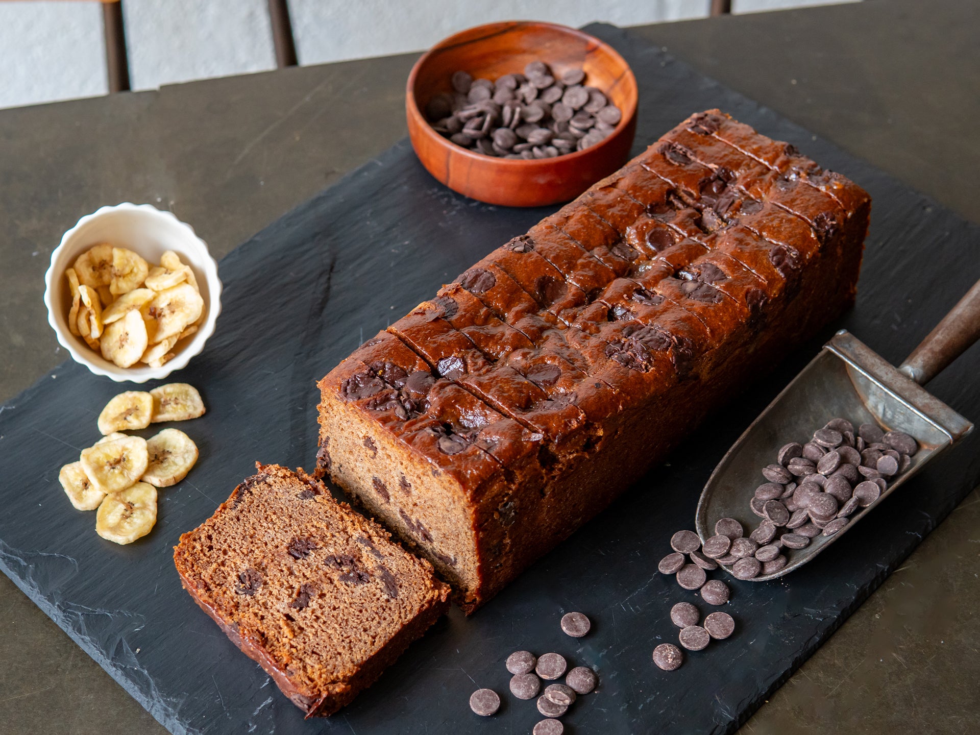 Sliced banana and chocolate loaf