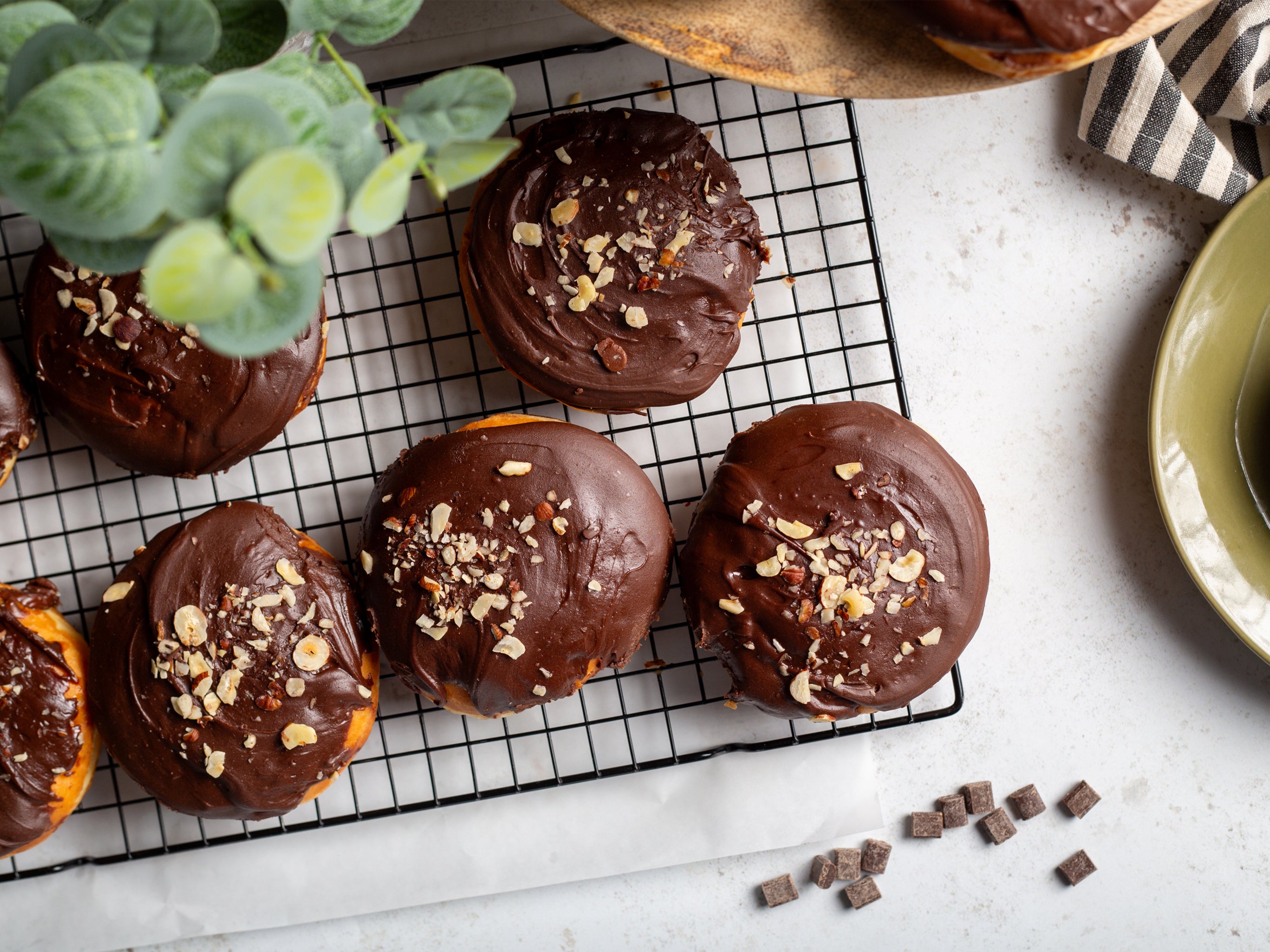 A tray of our chocolate & hazelnut creme doughnuts