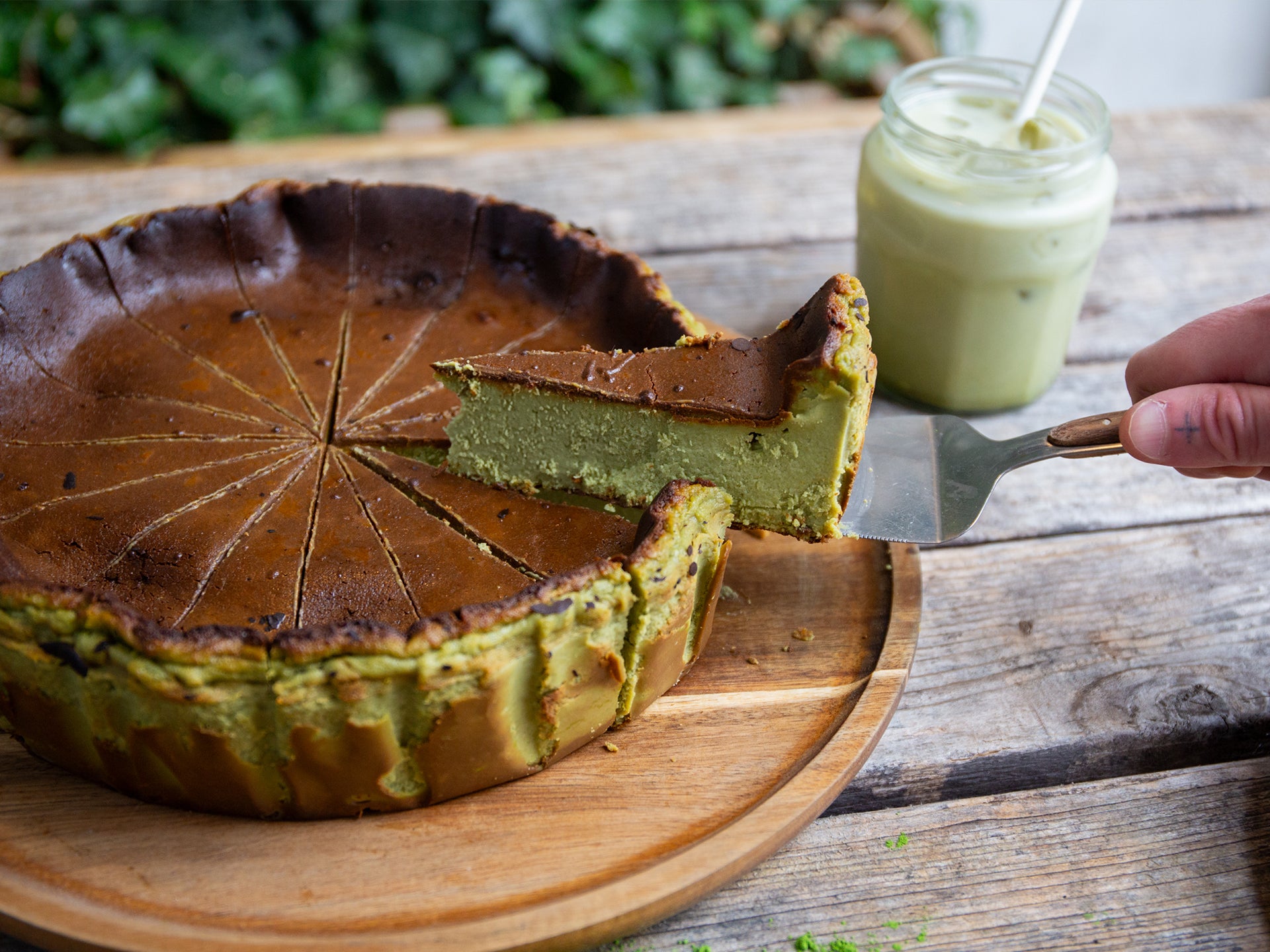 Serve our Matcha Burnt Basque with an iced matcha