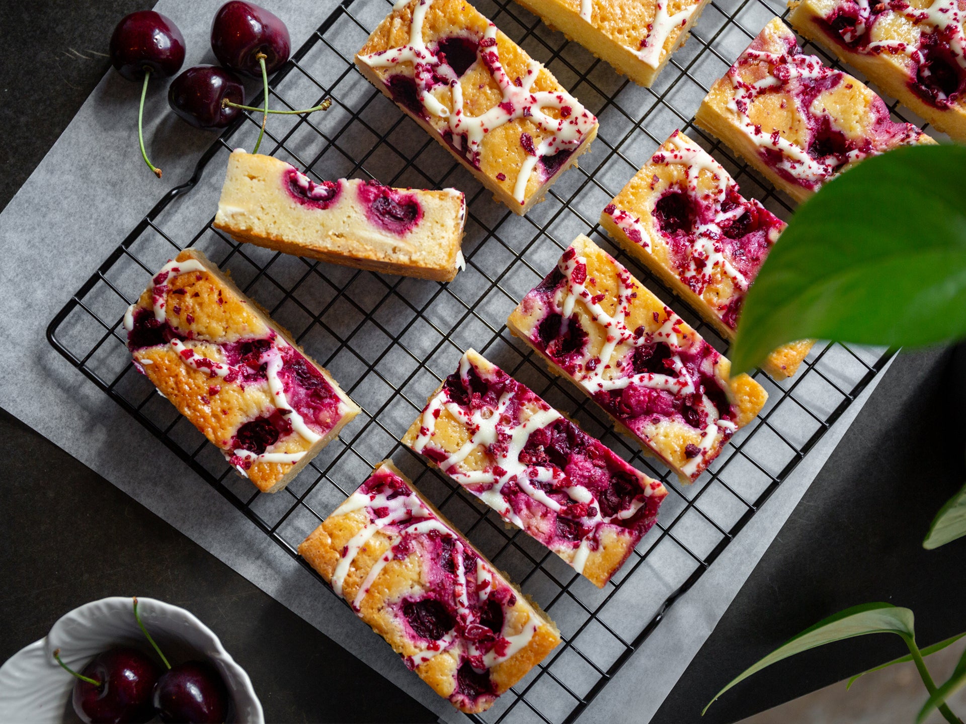 A tray of morello cherry blondie