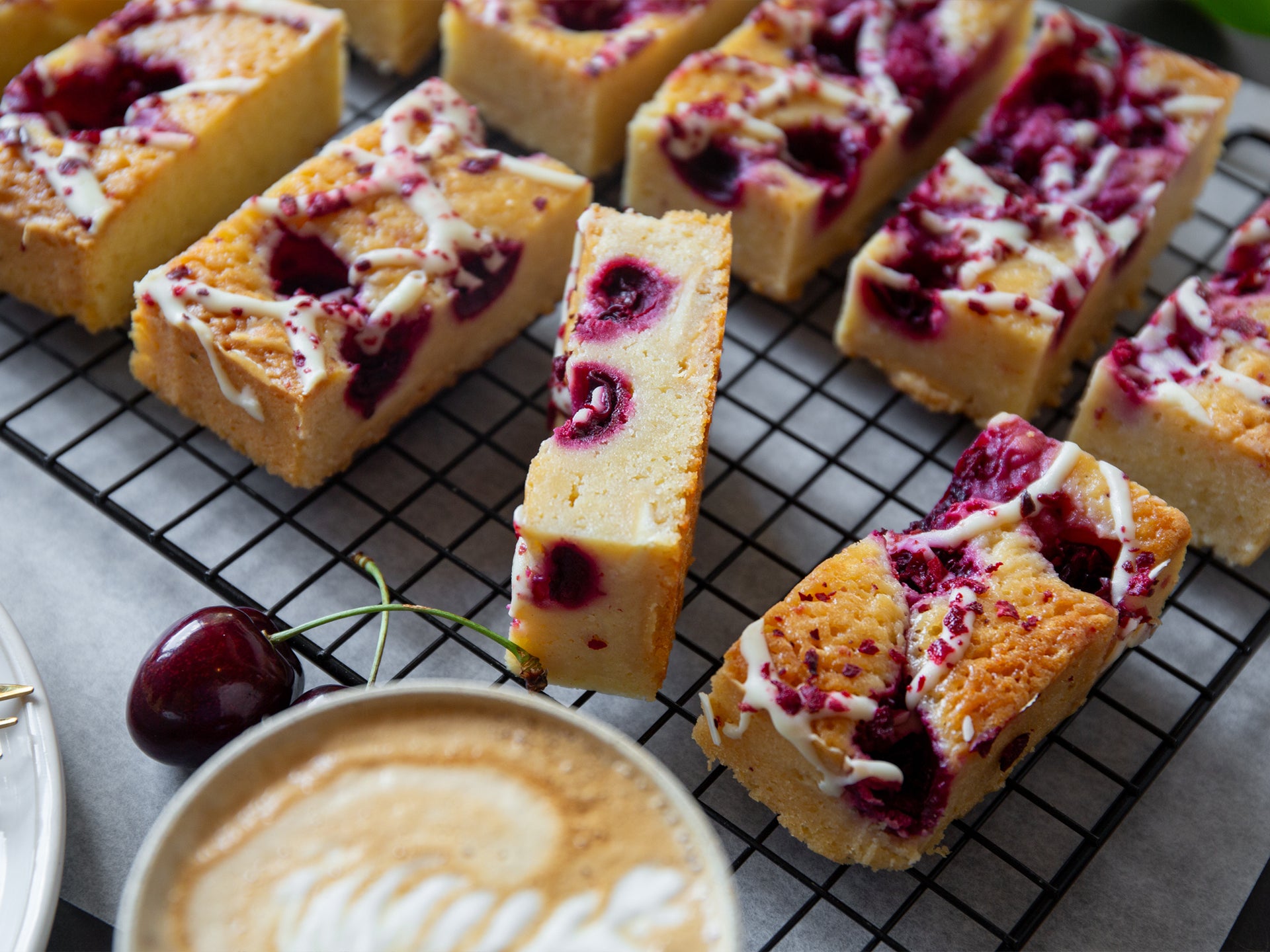A close up of our morello cherry blondie