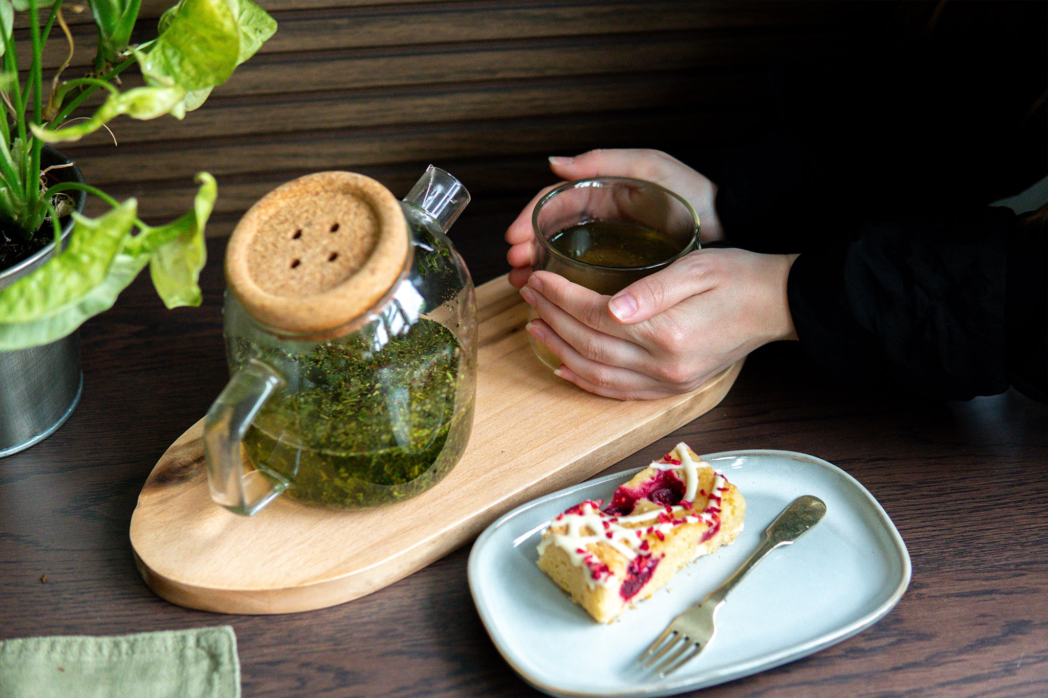 Pair a cup of Nuditea Sencha Green Tea with a slice of Cakesmiths Morello Cherry Blondie