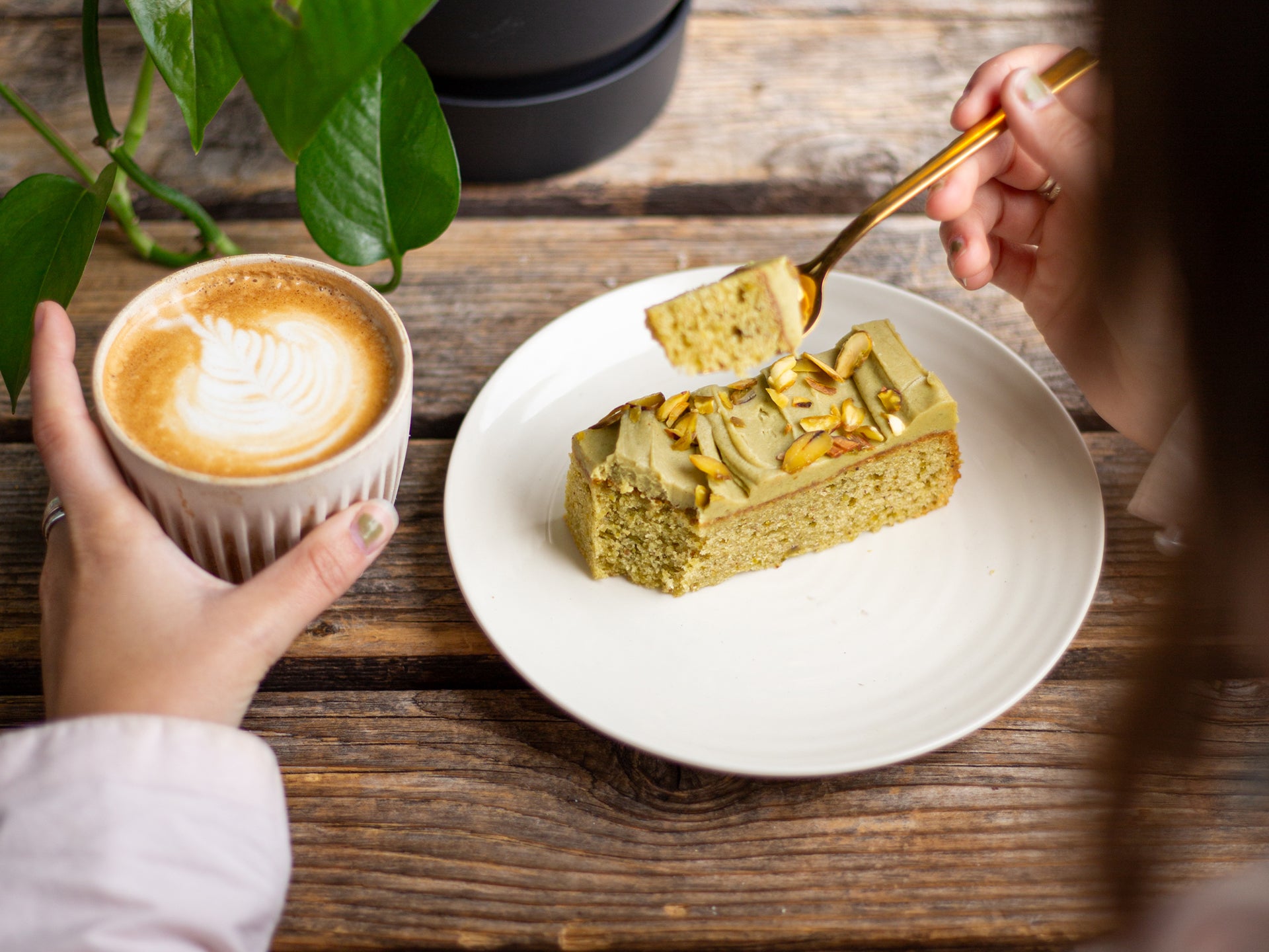 Pair our Pistachio Creme traycake with a latte