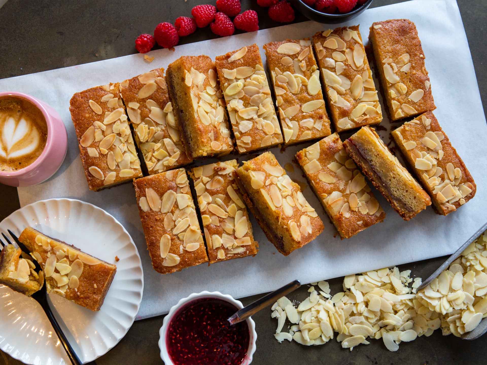A tray of our wholesale raspberry bakewell from Cakesmiths