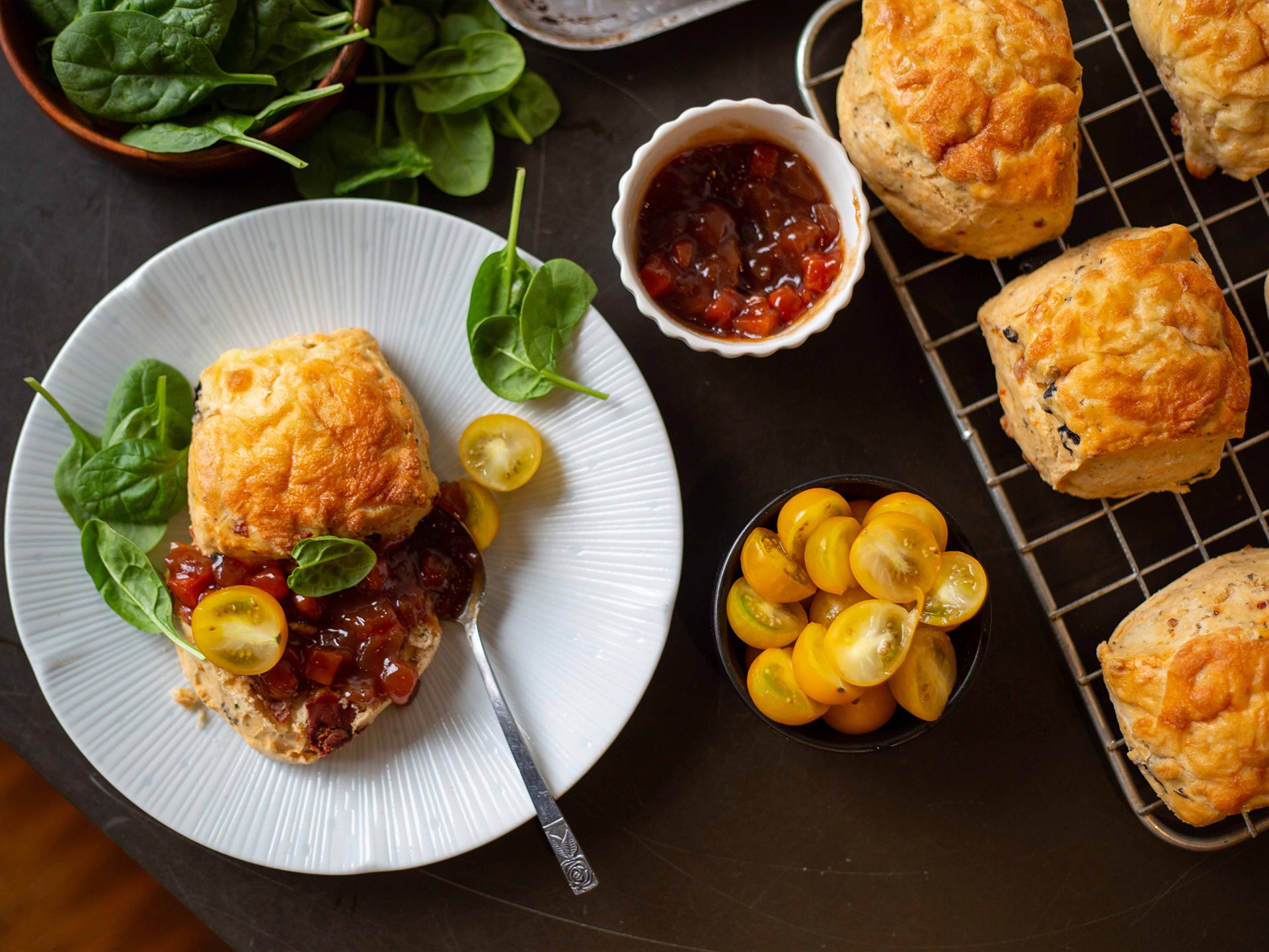 A serving suggestion of fresh tomatoes and chutney to go with our savoury scones