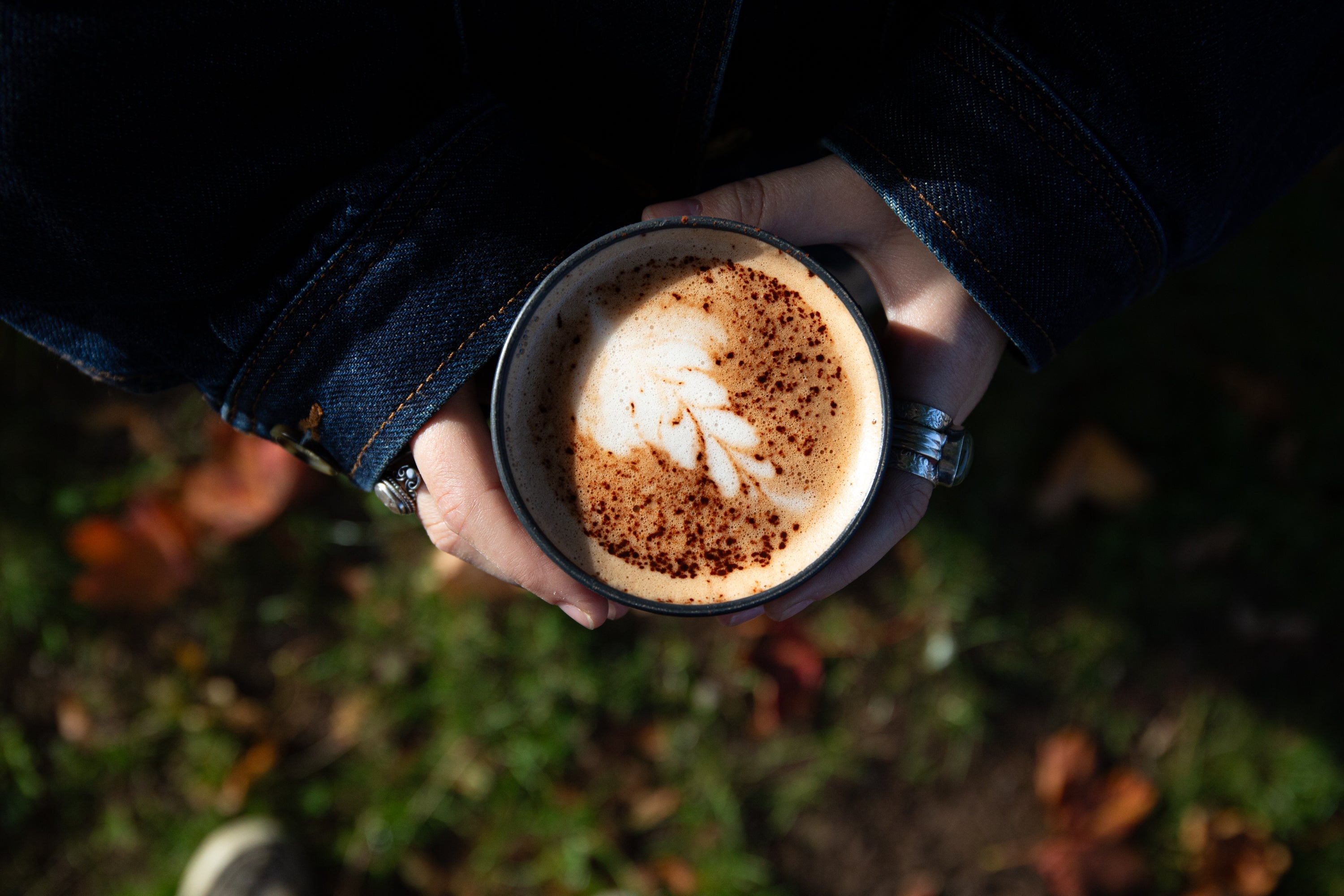 Person holding a cup of Hot Chocolate with a leaf design in a natural setting