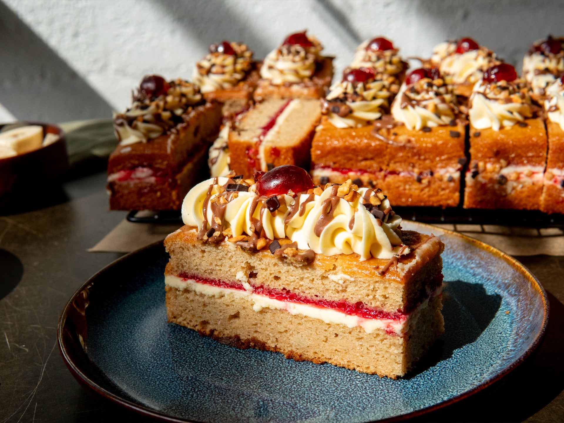 A slice of our banana split traycake
