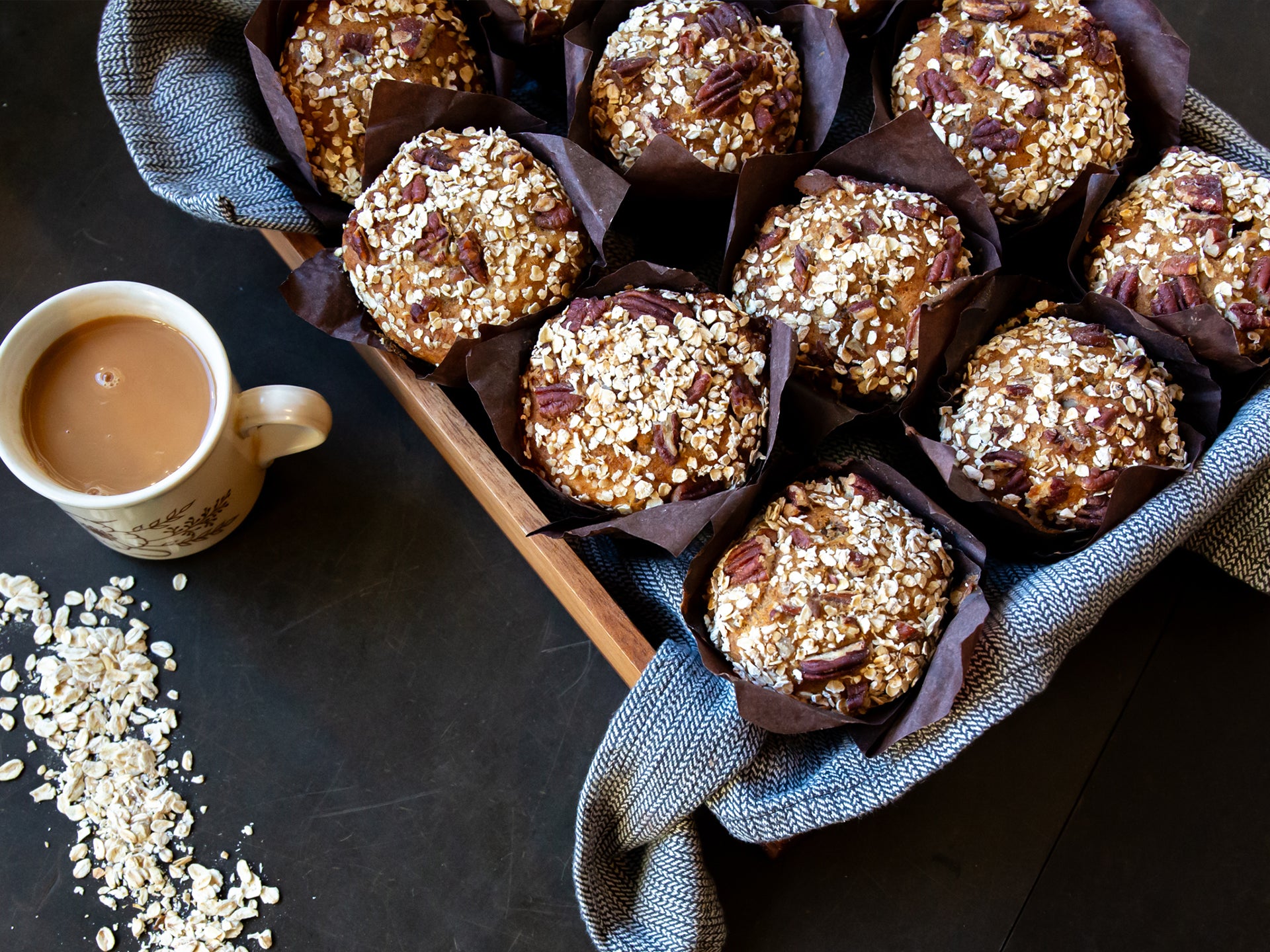 A tray of breakfast ready wholesale banana and pecan muffins