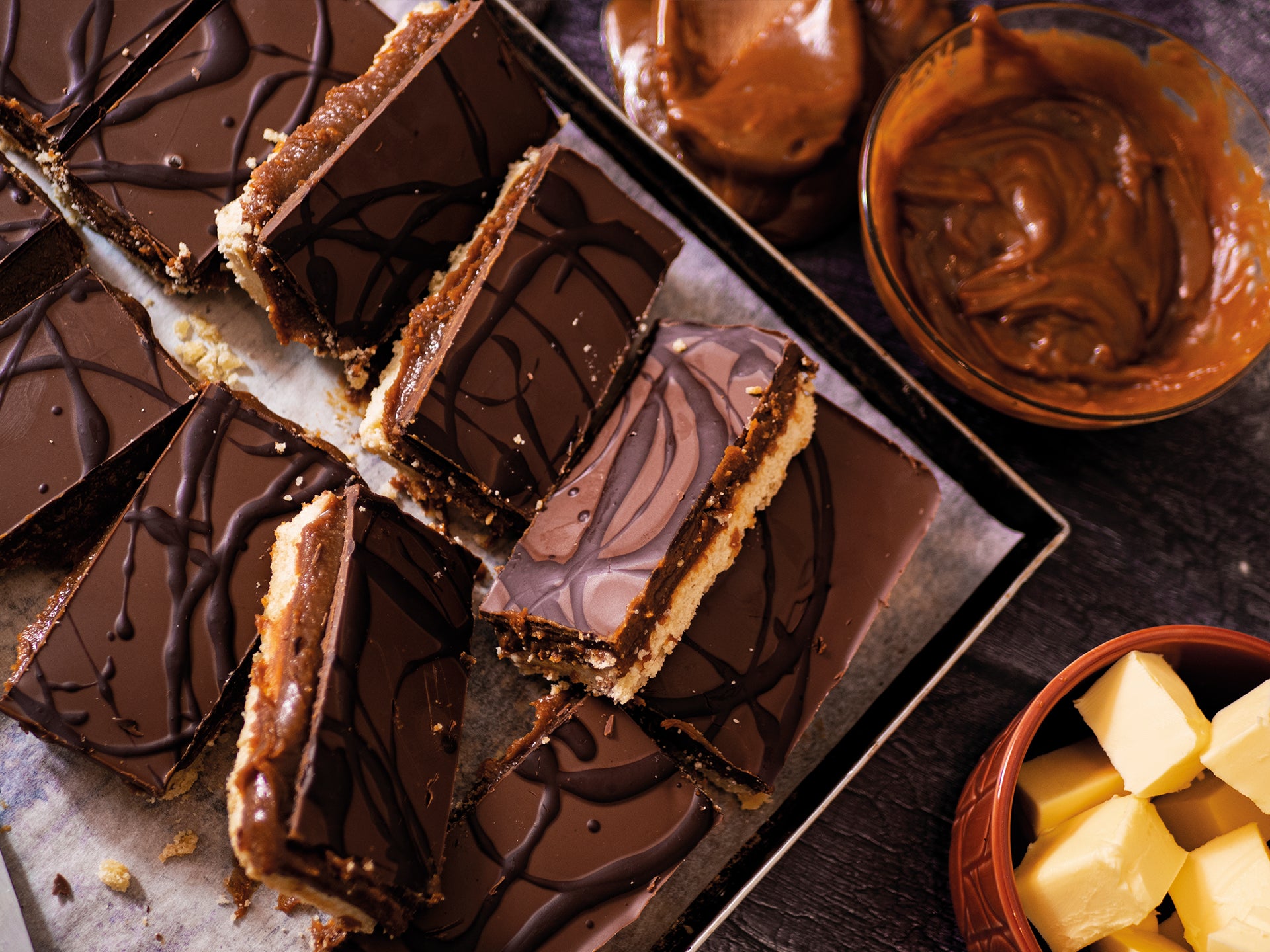 A close up shot of our billionaire's shortbread traybake