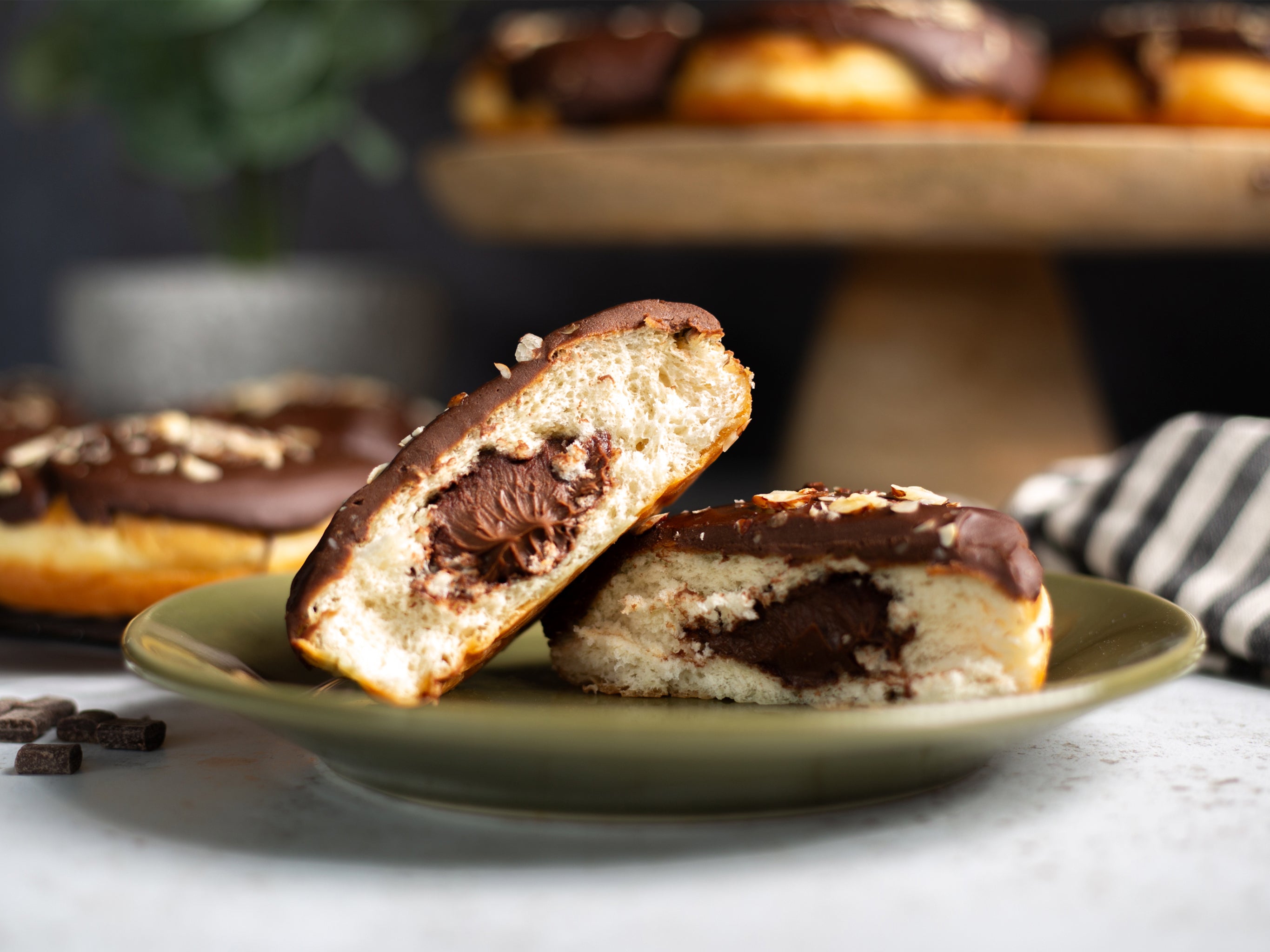 Cross-section of a chocolate & hazelnut creme doughnut