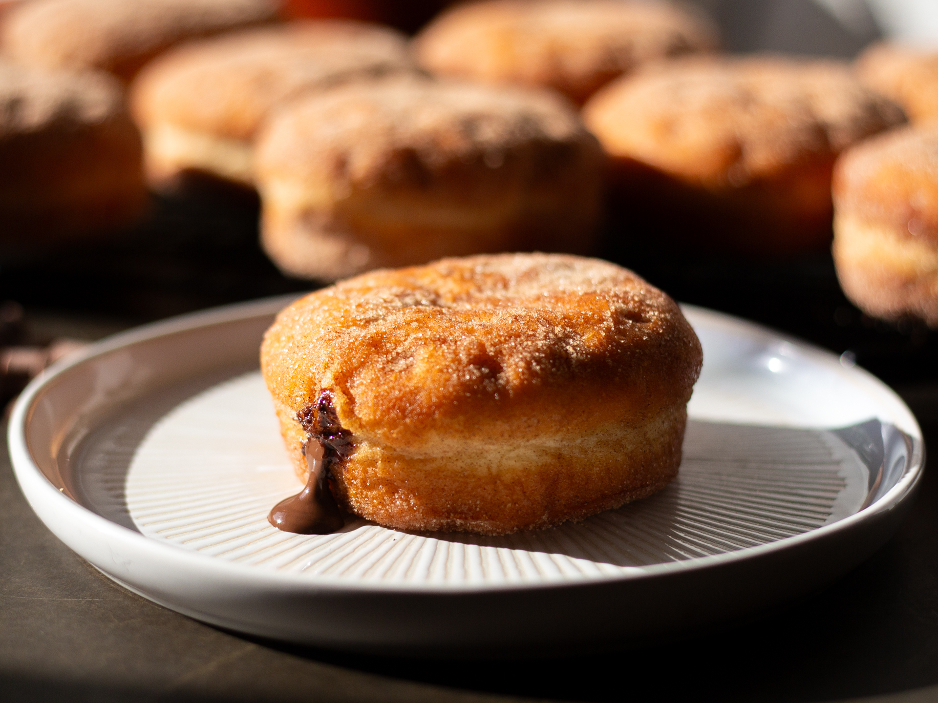 Cinnamon covered donut with chocolate filling