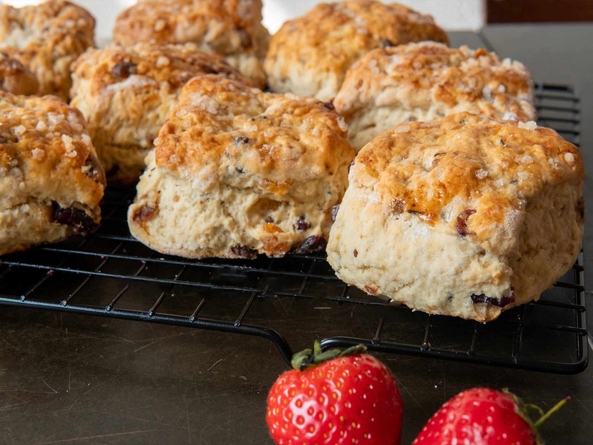 Earl grey and fruit scones covered with sugar pearls