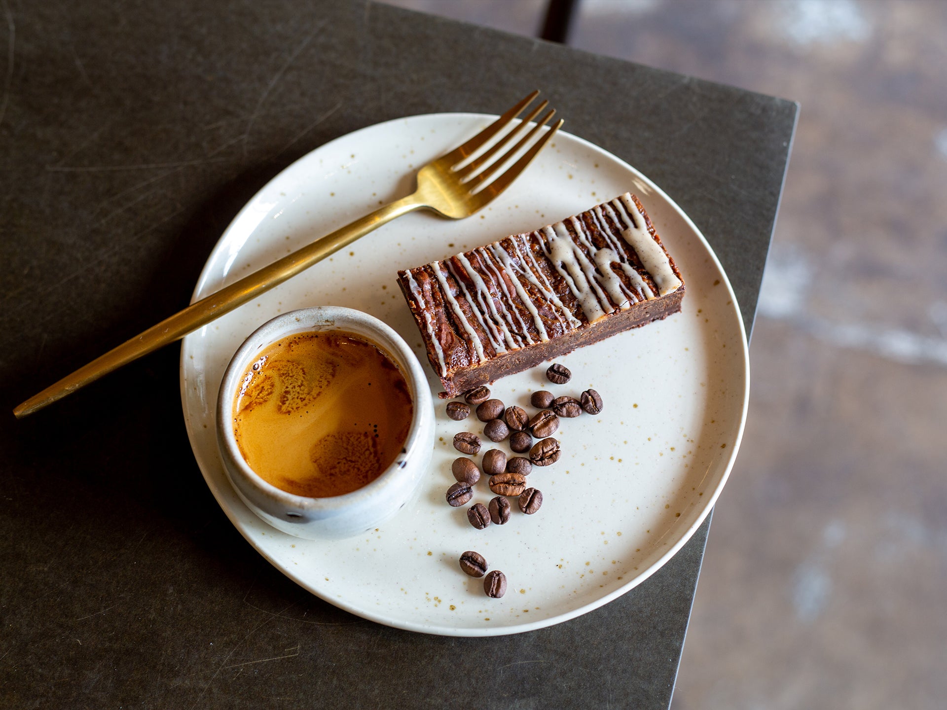 A slice of espresso caramel brownie - the perfect choice for a coffee shop
