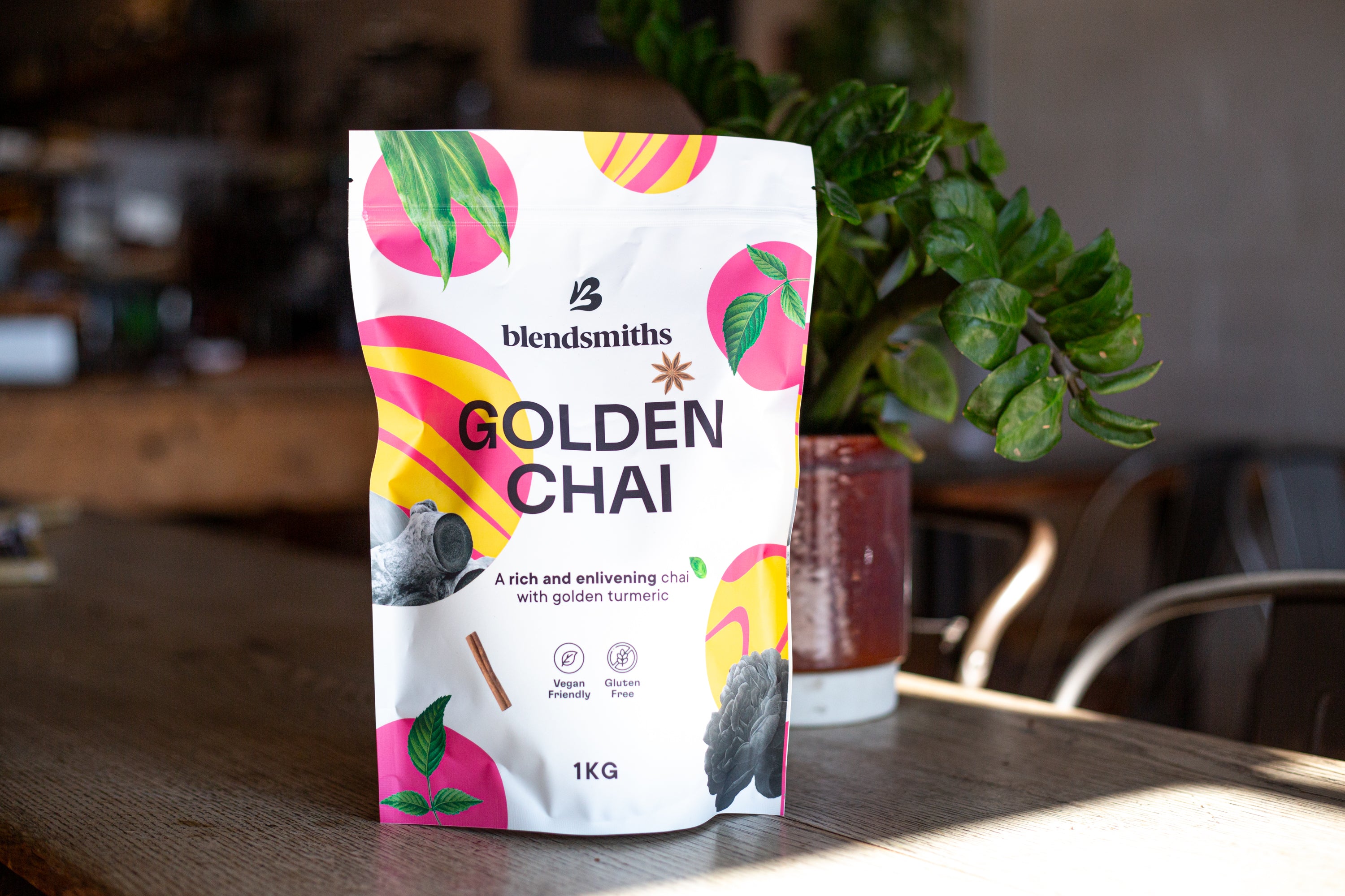 The new packaging for Blendsmiths Golden Chai latte blend
