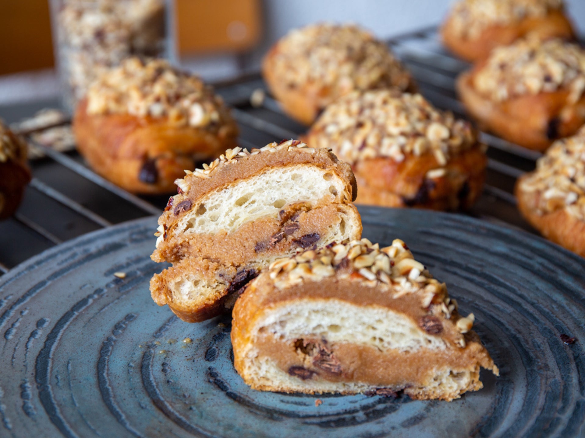 The filling in our wholesale hazelnut pain au chocolat