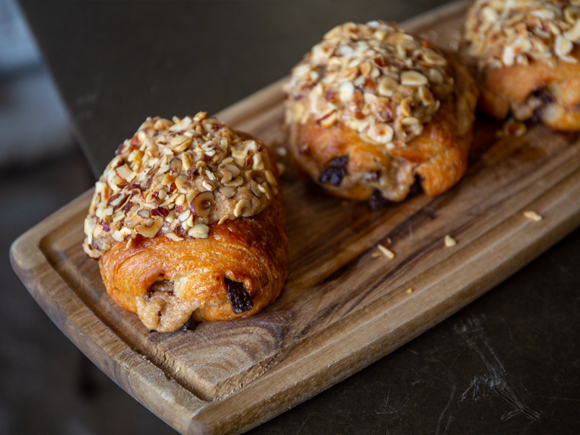 A close up of our wholesale hazelnut pain au chocolats