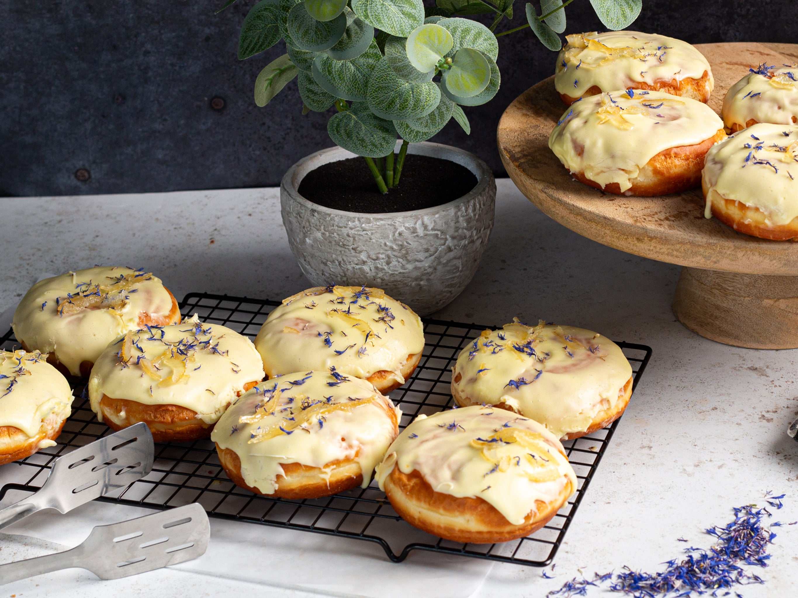 Wholesale lemon curd doughnuts with a lemon-infused glaze and decorated with blue cornflower petals