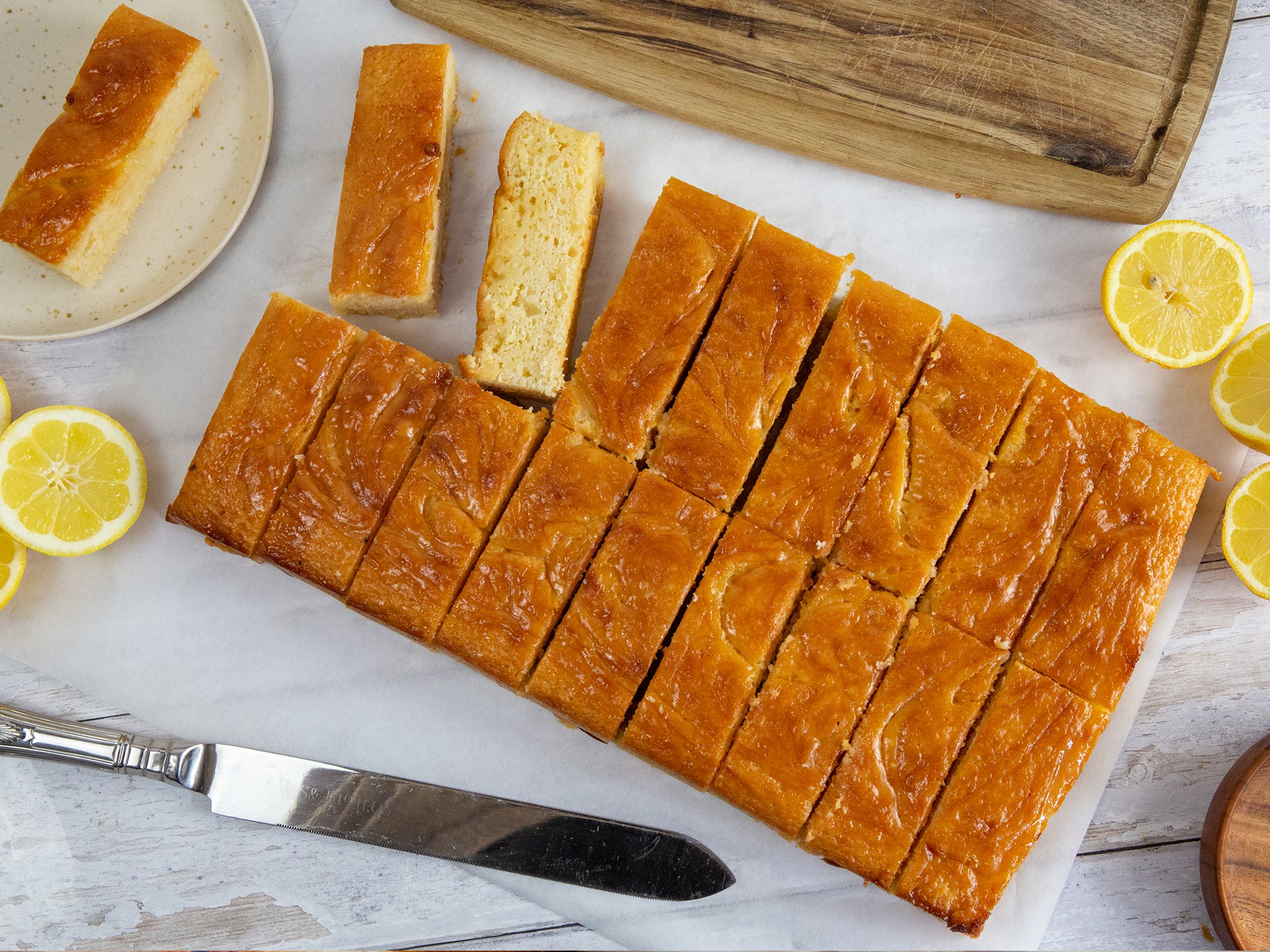 A tray of wholesale lemon drizzle cake