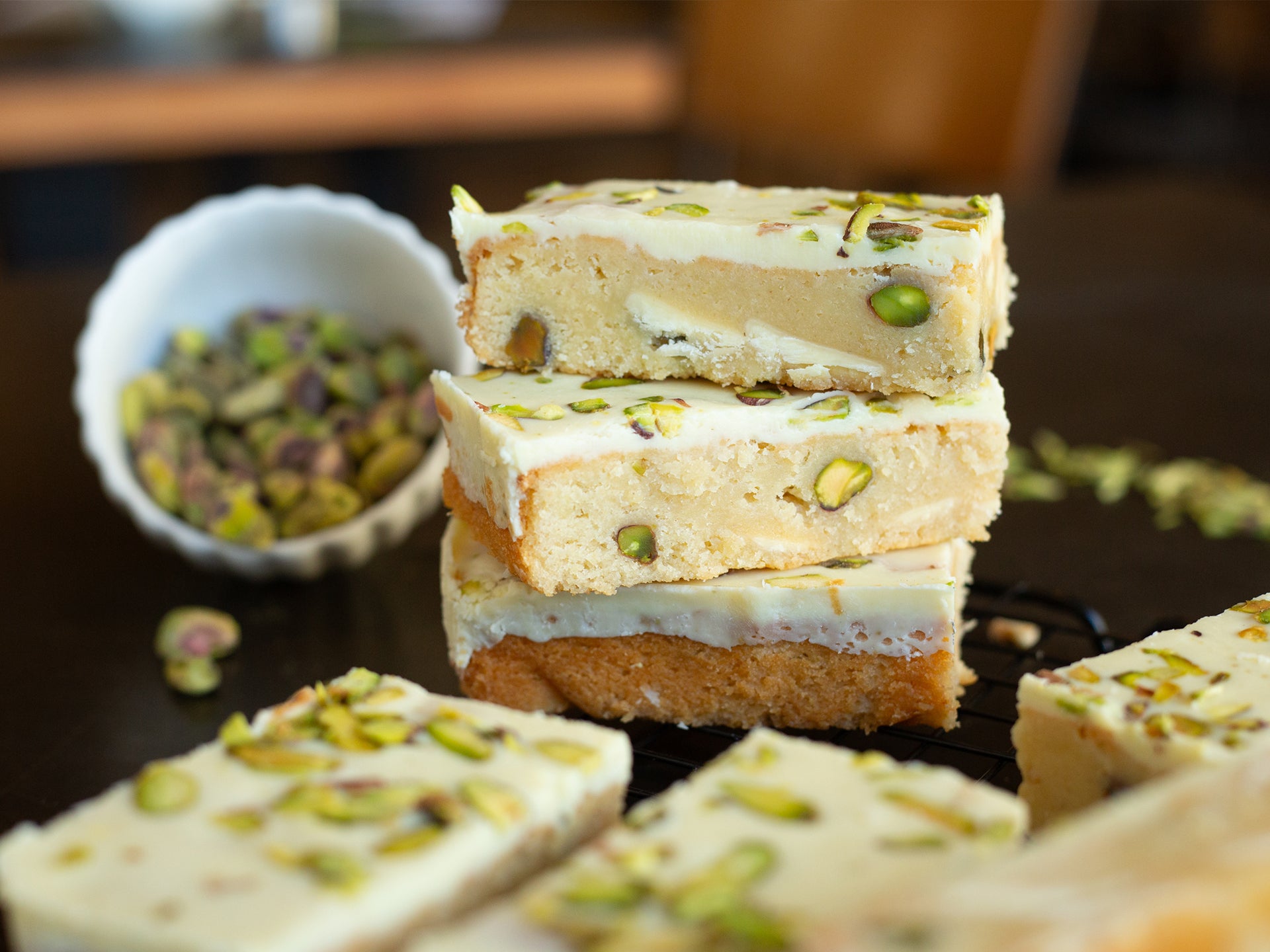 A zesty lemon and pistachio blondie from Cakesmiths