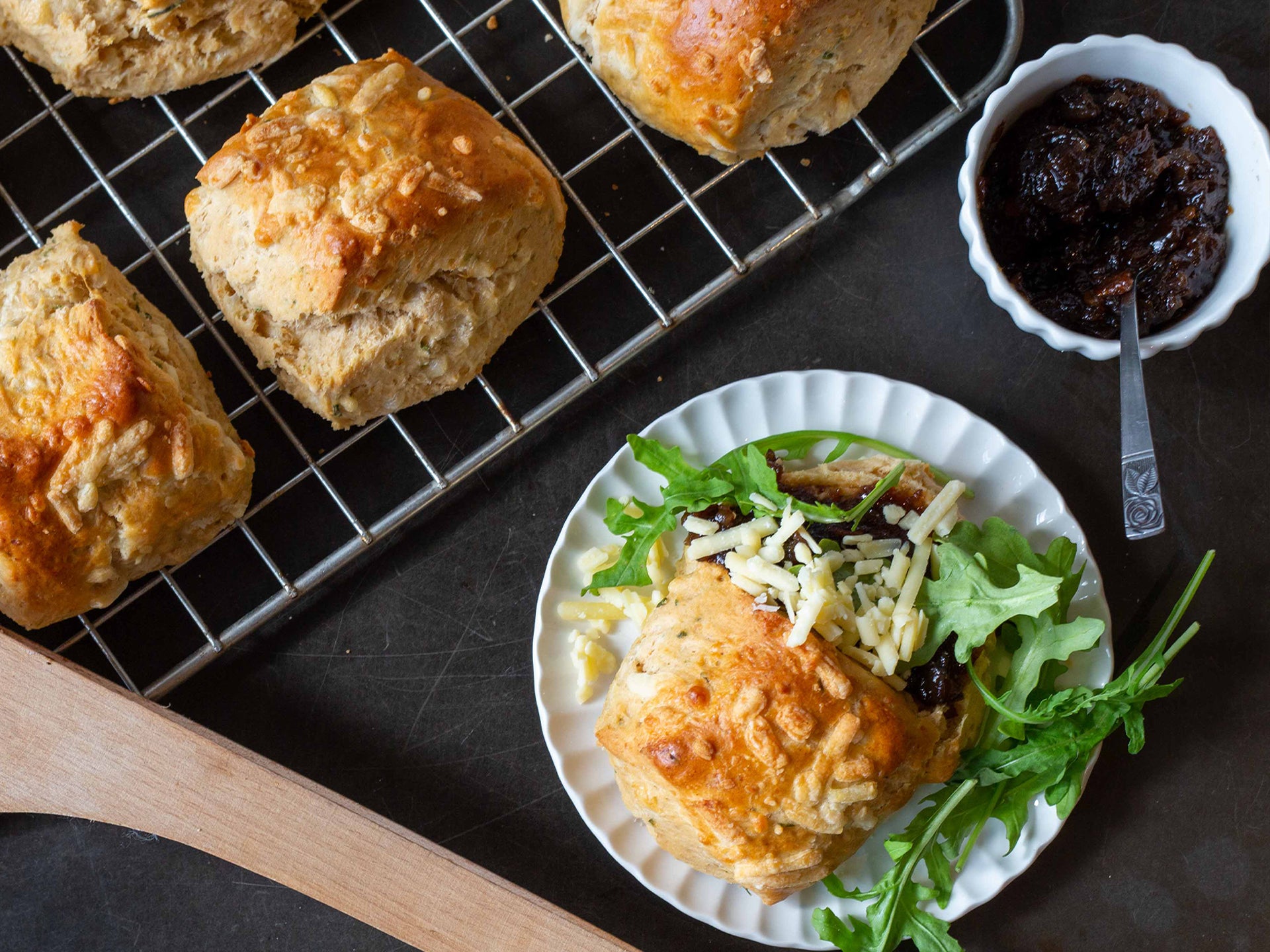 Serving suggestion of cheese and chutney for our savoury scones