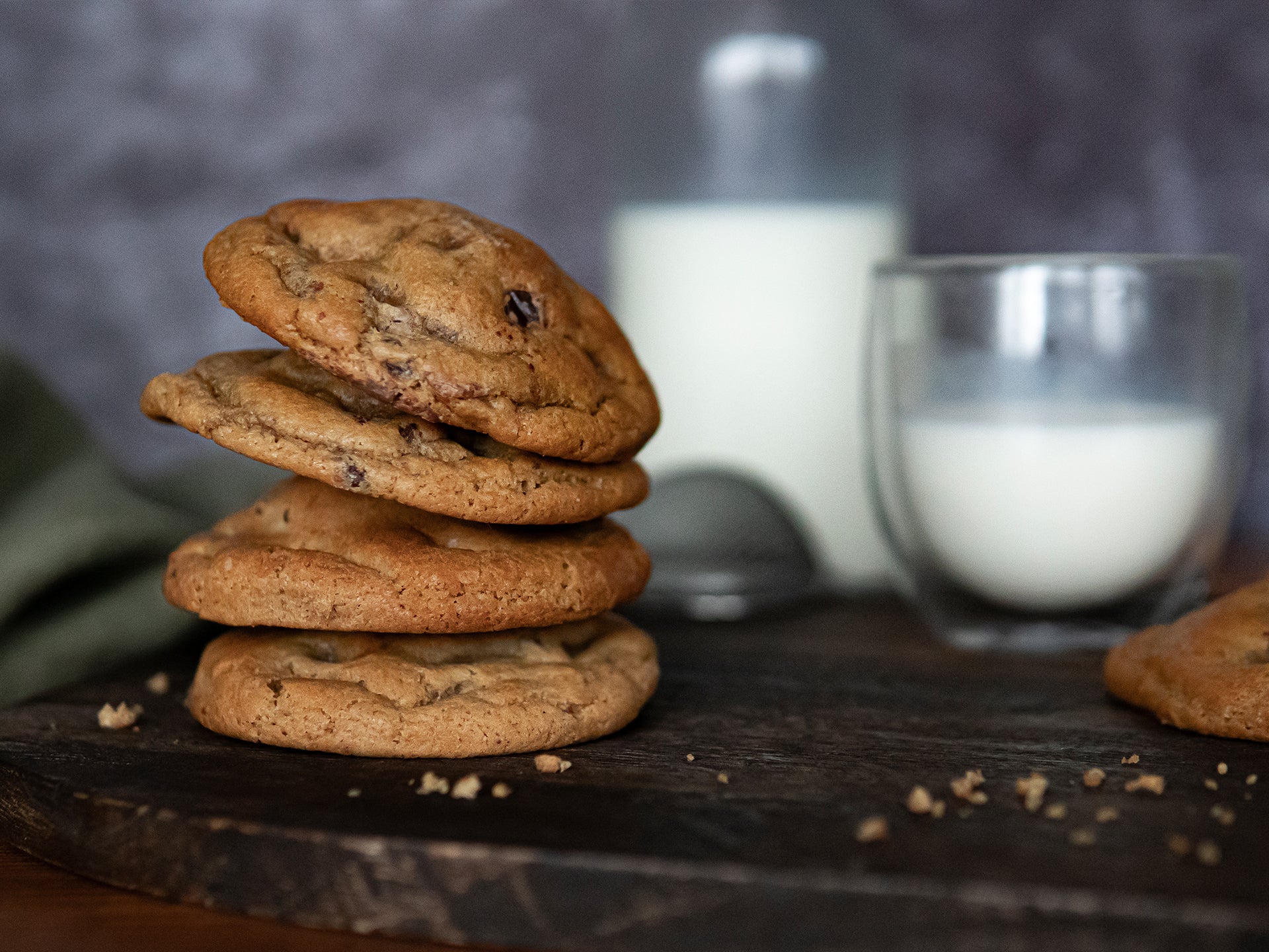 A stack of milk chocolate chip cookies