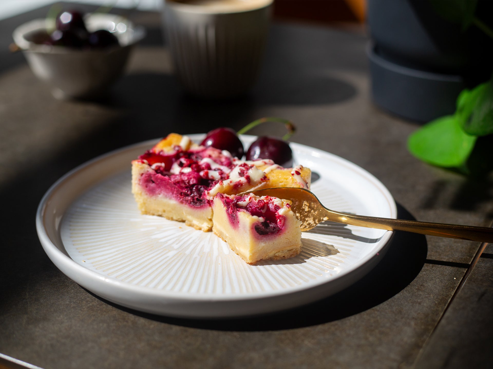 A slice of morello cherry blondie