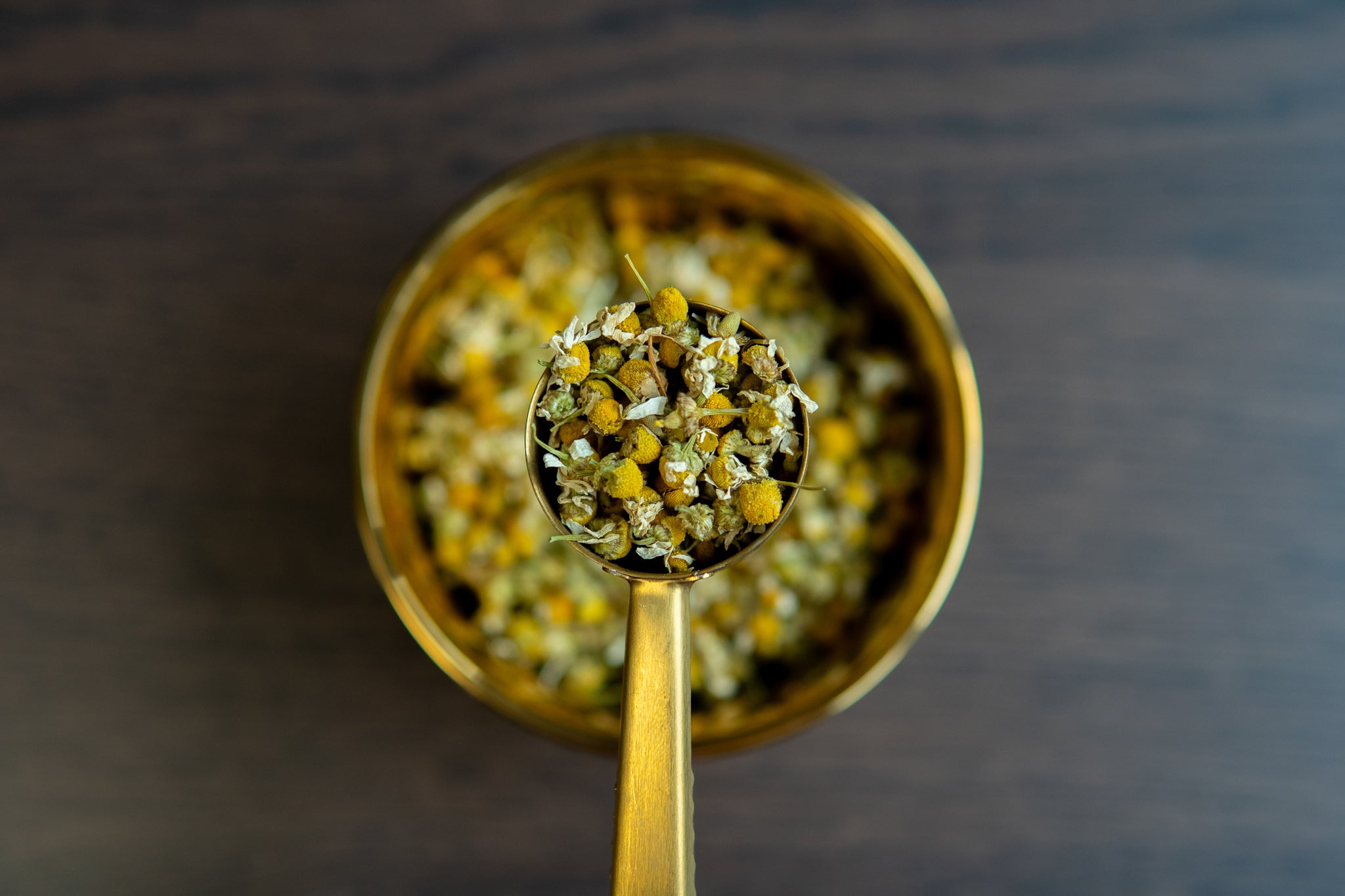 A spoonful of dried chamomile flowers with a bowl of loose leaf tea in the background.