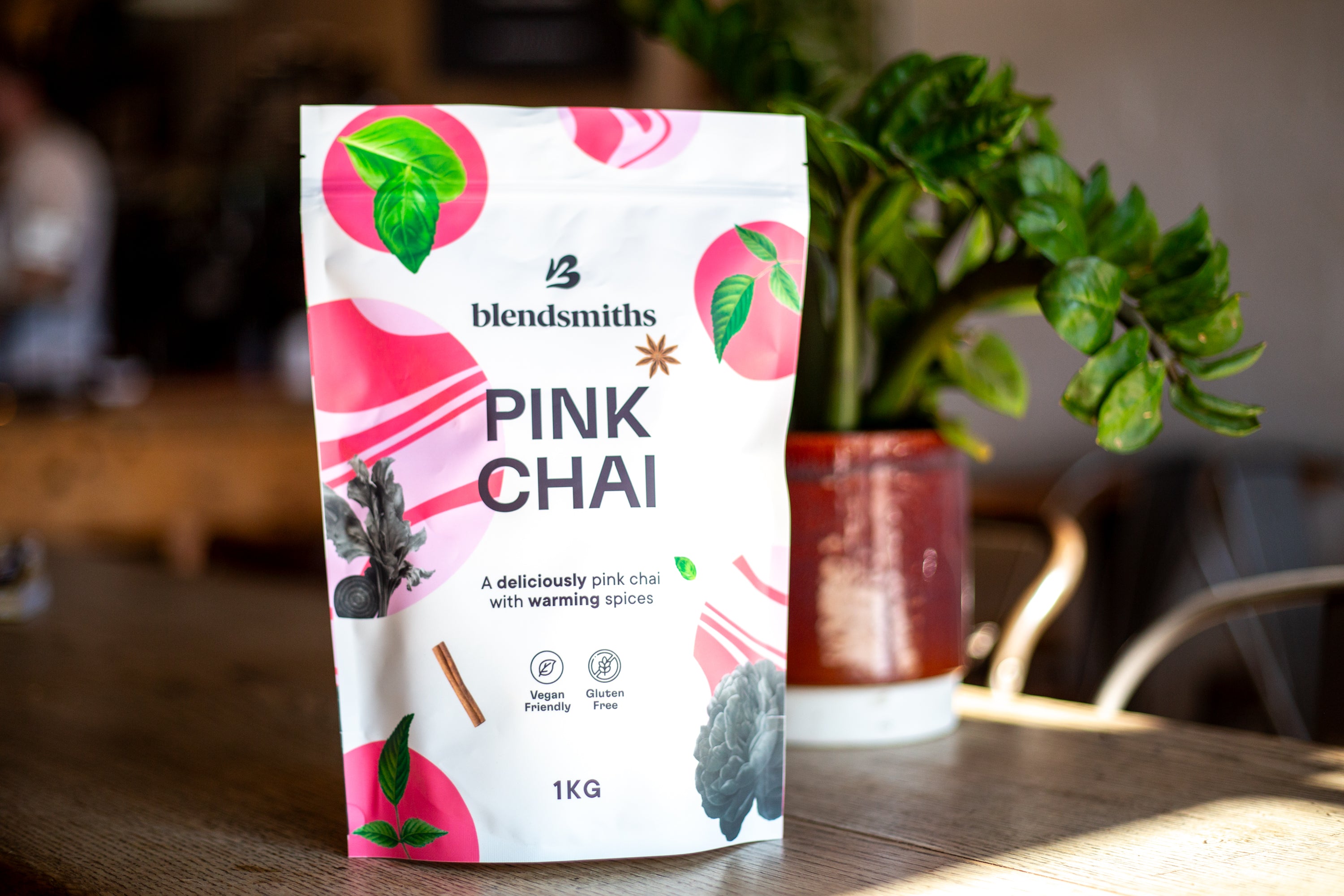 The new packaging for Blendsmiths Pink Chai latte blend