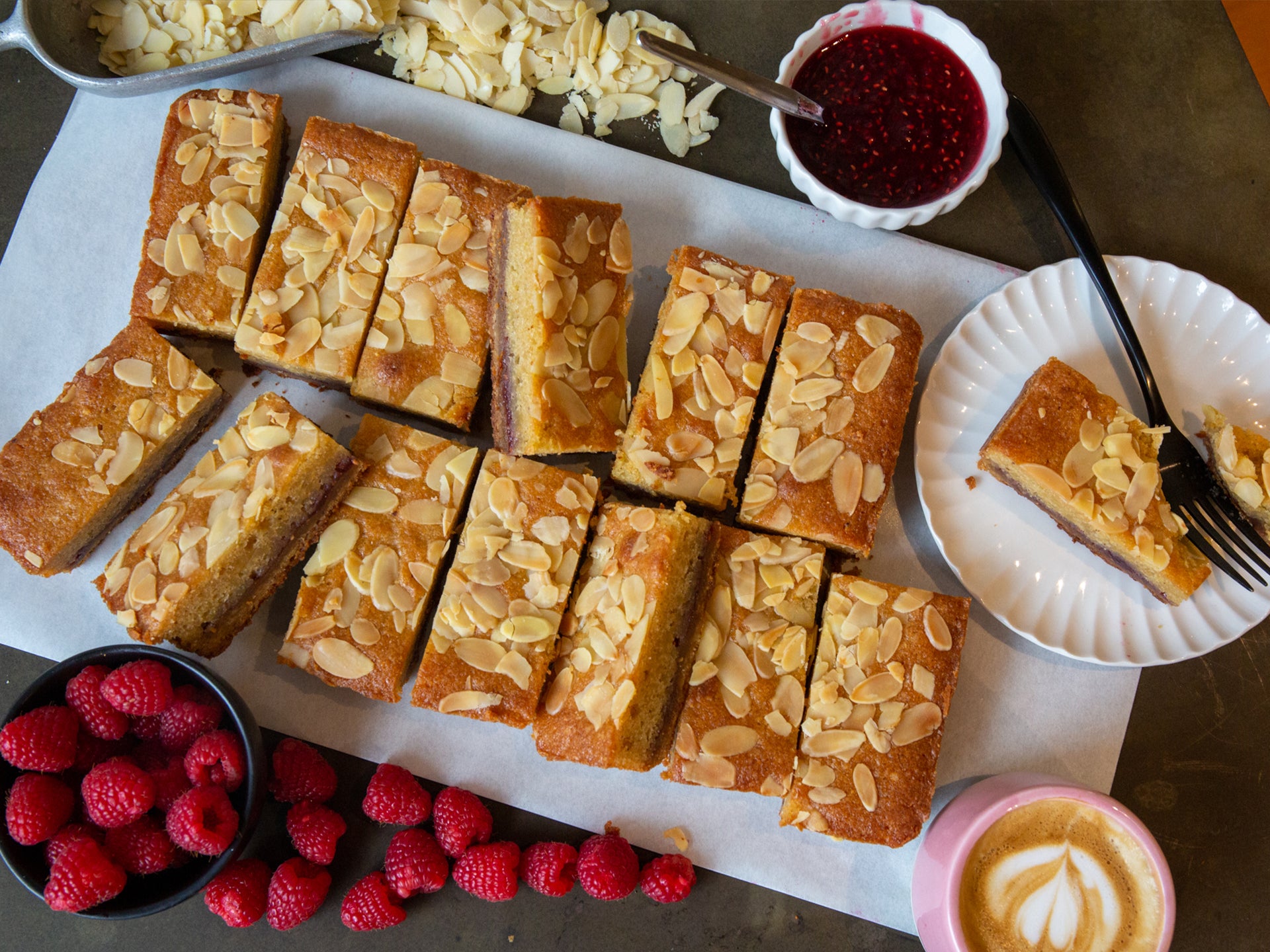 A tray of our very low gluten raspberry bakewell