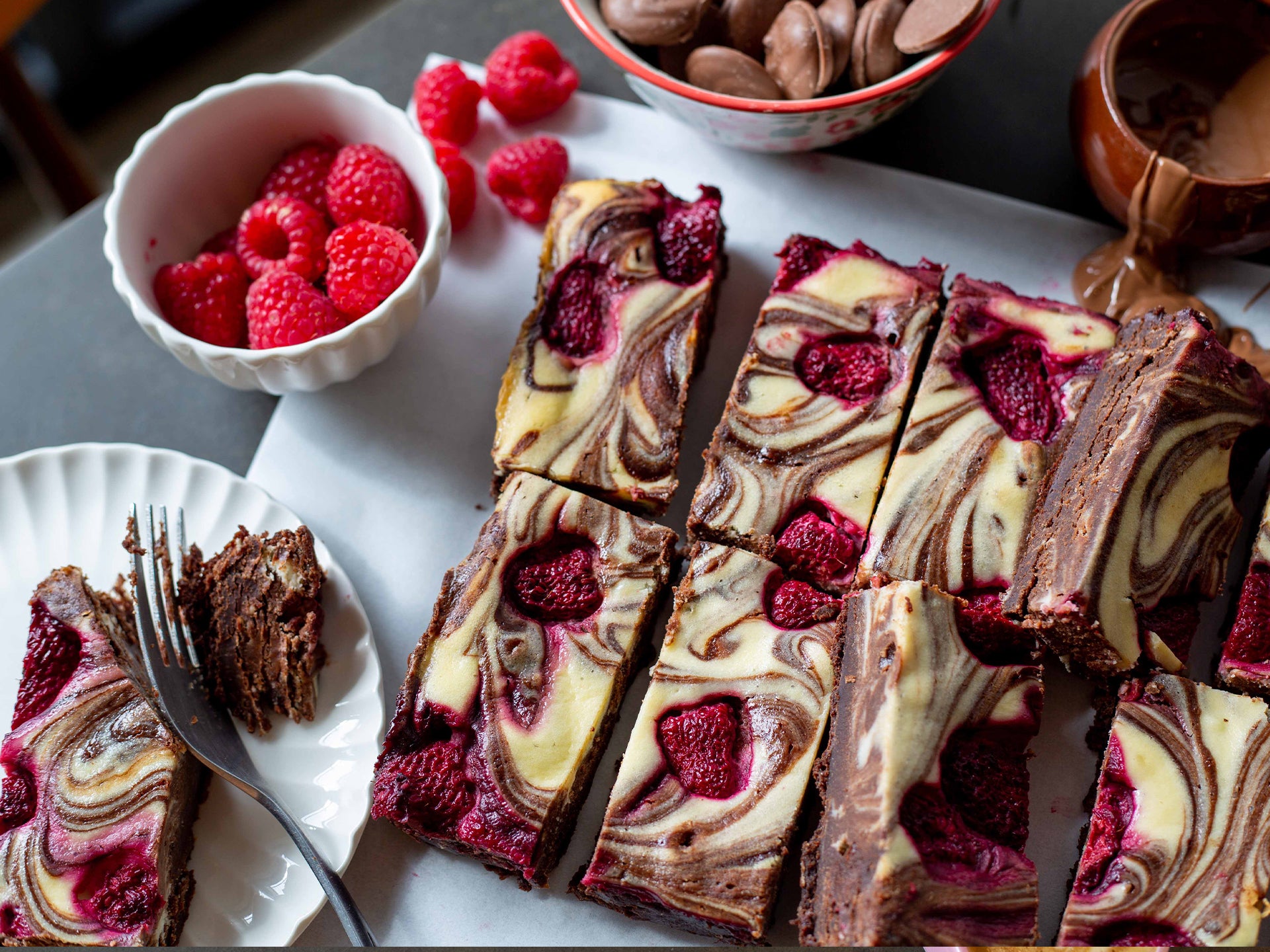 A close up of our raspberry cheesecake brownies