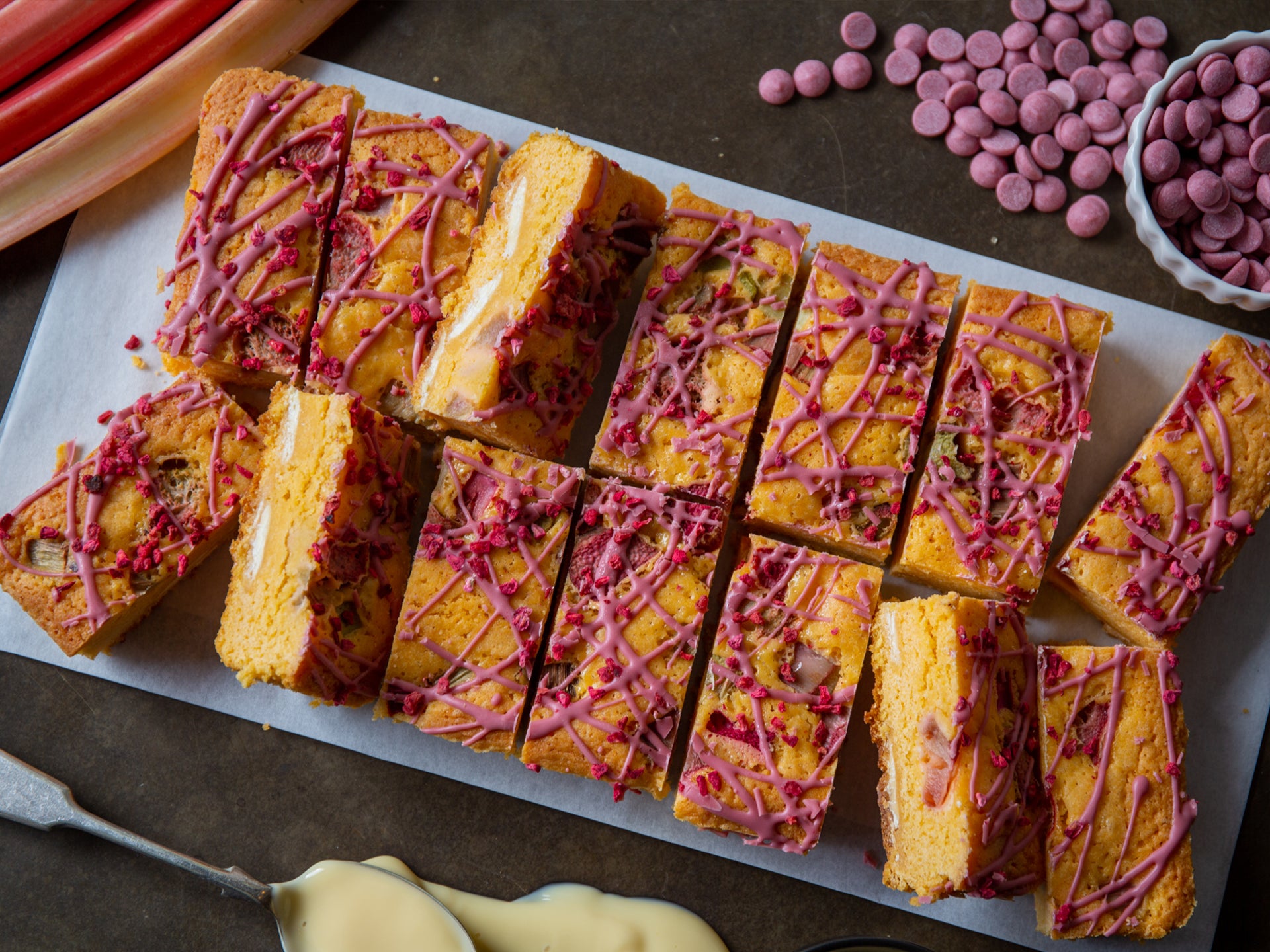A tray of Rhubarb & Custard Blondies