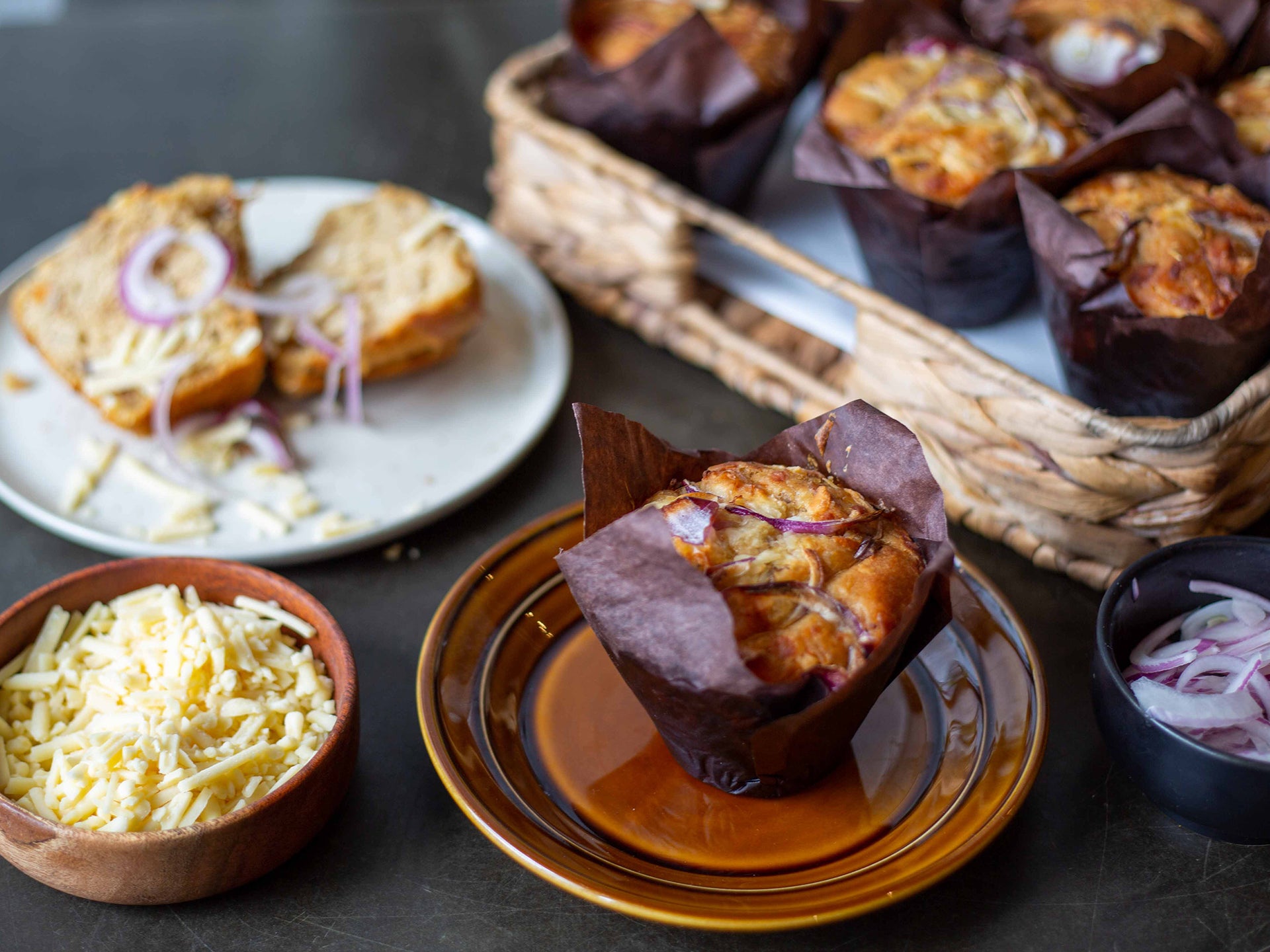A serving of Sweet Onion & Cheddar Muffin