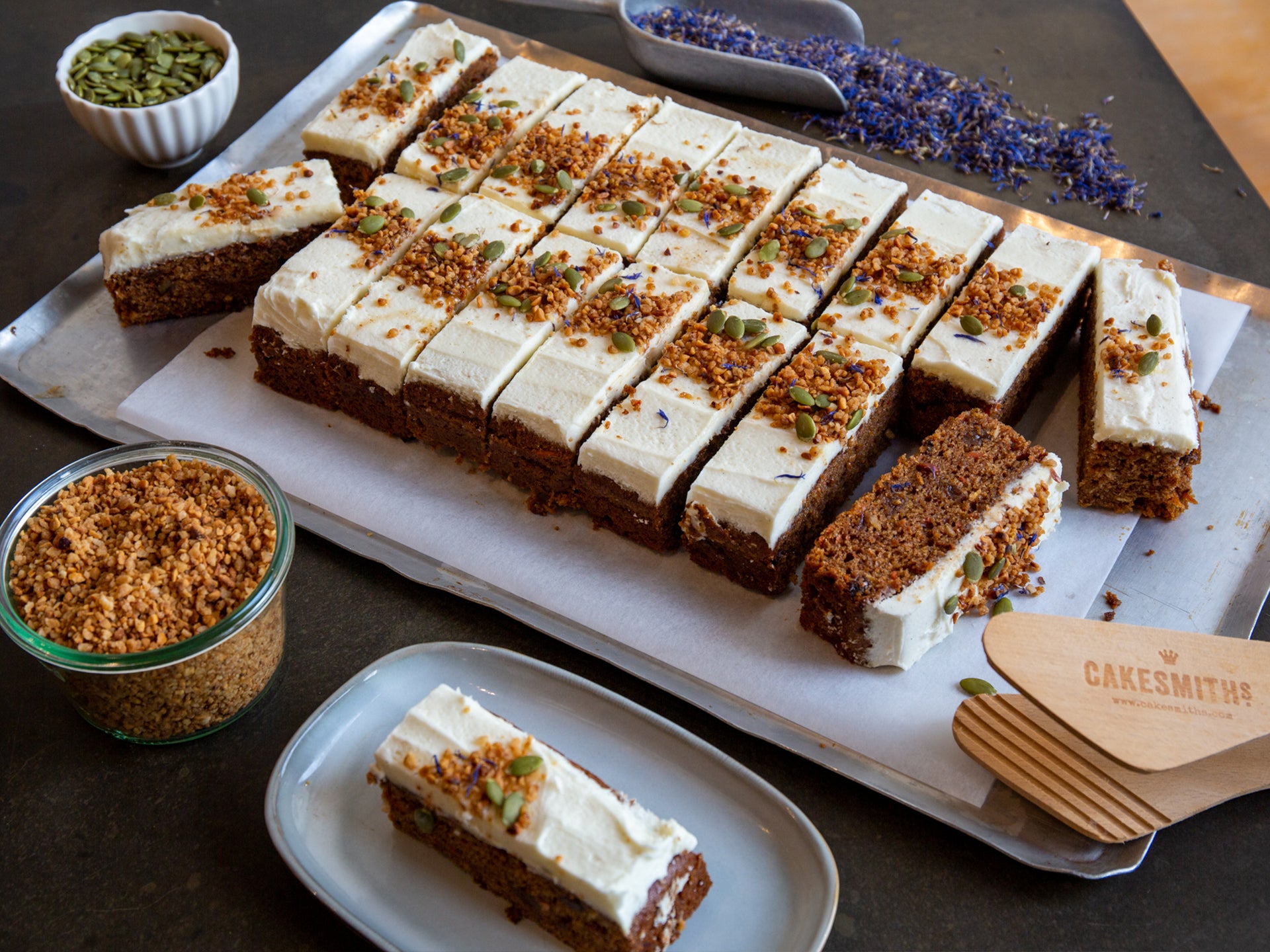 A tray of Cakesmiths wholesale vegan carrot cake