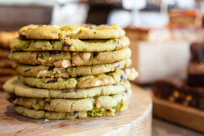 matcha cookies in a coffee shop